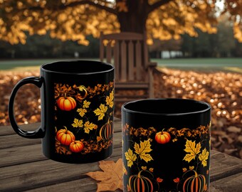 May include: Two black ceramic mugs with a fall theme. Each mug features a design of orange pumpkins and yellow maple leaves on a black background. The mugs are displayed on a wooden surface with a blurred autumn background.