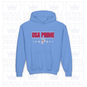 May include: A light blue hooded sweatshirt with the text "USA PRIME" in red and white. Below the text are five white stars and a stylized "P" logo, with the word "BASEBALL" underneath. The sweatshirt has a front pocket.