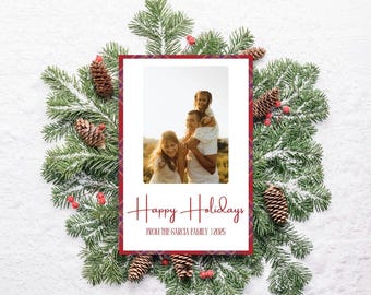 Plaid Christmas Photo Card Template Editable Family Holiday Card Printable Rustic Red Tartan Traditional Merry Christmas Canva Download