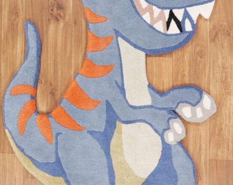 Dinosaurusvormig tapijt voor kinderen, schattige cartoontapijt, handgetuft wollen dierentapijt, kinderkamer, speelkamer, blauwe dinosaurus kinderkamer tapijten aangepast formaat