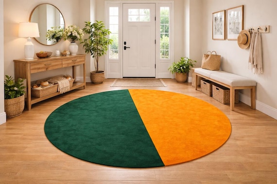 Round Color Block Rug, Green and Mustard Modern Area Rug, Handmade Tufted Round Carpet, Minimalist Living Room Rug, Contemporary Geometric
