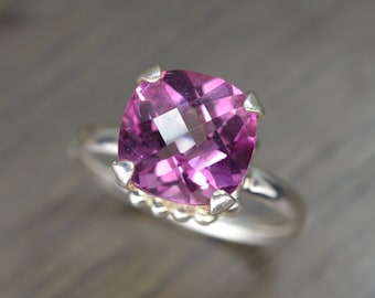 Pure Pink Topaz Ring, size 8, 5ct silver gold cushion prong solitaire - Darcy Ring