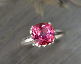 Rose Pink Topaz Ring, size 7, 2.75ct silver gold prong cushion solitaire - Darcy Ring