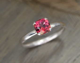 Rose Pink Topaz Ring, size 8.5, cushion silver solid gold stacking - Aurora Solitaire