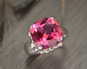 Rose Pink Topaz Ring, 8ct square cushion silver gold prong solitaire - Darcy Ring