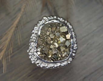 Raw Pyrite Ring, silver 70ct granulation statement ring - Victoria Ring