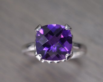 African Amethyst Ring, 4ct square cushion silver gold prong solitaire FEBRUARY BIRTHDAY - Darcy Ring