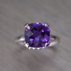 African Amethyst Ring, 4ct square cushion silver gold prong solitaire FEBRUARY BIRTHDAY Darcy Ring image 1