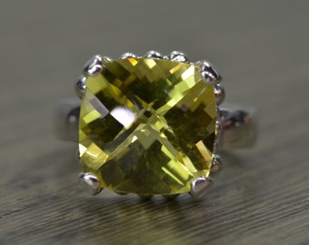 Lemon Quartz Ring, bright yellow green cushion silver gold prong 6ct solitaire - Darcy Ring