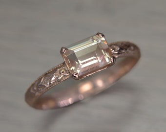 Orthoclase Sunstone Ring, 14k gold, Emerald Cut Solitaire, Peach Light Schiller Gemstone Milgrain Band, Fitz Ring
