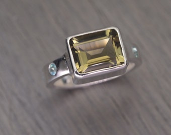 Quartz Apatite Silver Ring, size 7.5, emerald cut 3ct smoky quartz apatite accent cocktail ring - Duchess Ring