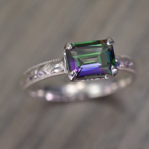 Mystic Topaz Ring, all sizes, emerald cut silver gold purple green rainbow milgrain solitaire - Fitz Ring