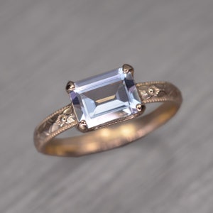 Aquamarine Ring, 14k gold, Emerald Cut Solitaire, Pale Blue Gemstone Milgrain Band, Fitz Ring