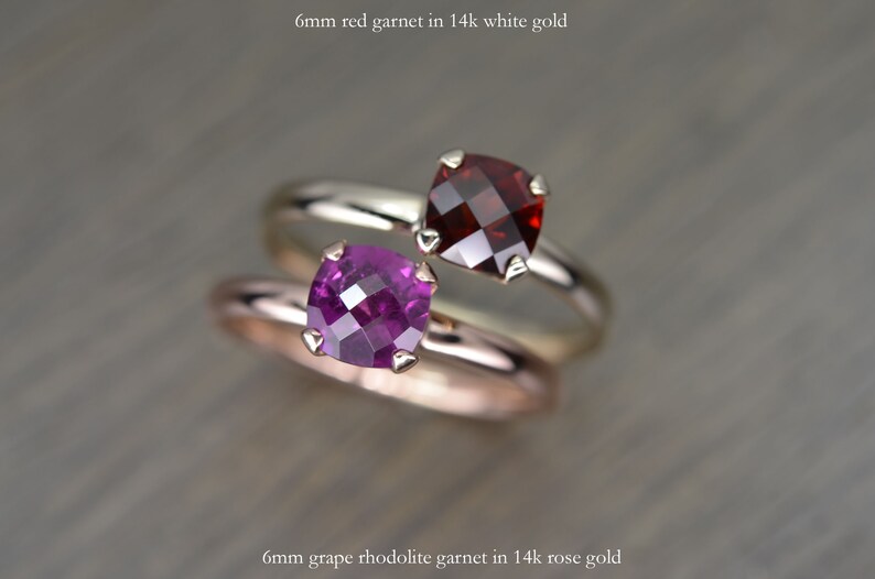 stacking Aurora Solitaire cushion silver solid gold Garnet Ring