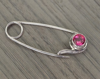 New Baby safety pin silver gemstone brooch necklace, Pink Topaz It's a Boy Girl October Shower - Reese Pin