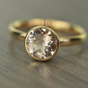 Morganite Gold Ring, 2ct round Engagement Ring, solid yellow rose white gold bezel - Blaze Solitaire