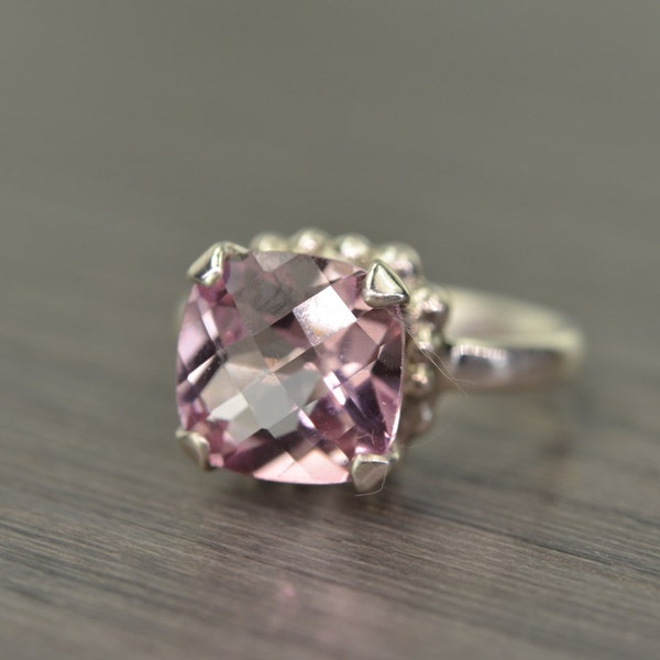 Blush Pink Topaz Ring, size 6.5, 5ct silver gold cushion prong solitaire - Darcy Ring