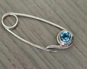 New Baby safety pin silver gemstone brooch necklace, Swiss Blue Topaz It's a Boy Girl December Shower - Reese Pin