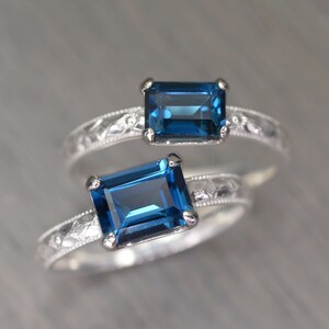 London Blue Topaz Ring, Sterling Silver, Emerald Cut Solitaire, Deep Blue Gemstone Milgrain Band, Fitz Ring