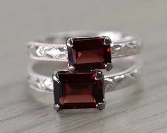 Garnet Ring, Sterling Silver, Emerald Cut Solitaire, Red Gemstone Milgrain Band, Fitz Ring