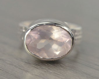 Rose Quartz Ring, Sterling Silver, 6ct Oval Solitaire, Pale Pink Gemstone Wide Band, Fiona Ring