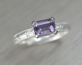 Amethyst Ring, Sterling Silver, Smaragd Cut Solitaire, Lilac Purple Gemstone Milgrain Band, Fitz Ring