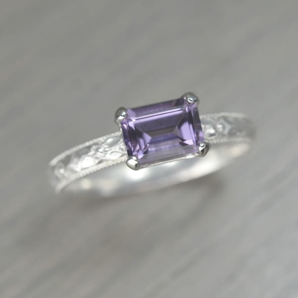 Amethyst Ring, Sterling Silver, Emerald Cut Solitaire, Lilac Purple Gemstone Milgrain Band, Fitz Ring