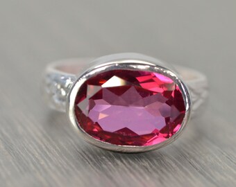 Topaz Ring, Sterling Silver, 8ct Oval Solitaire, Rose Pink Gemstone Wide Band, Fiona Ring