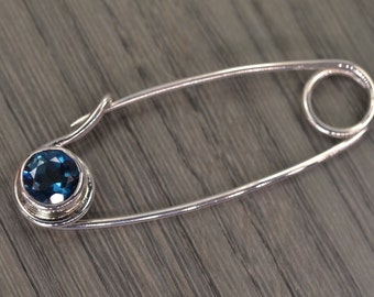 Something Blue safety pin silver gold brooch, London Blue Topaz - Reese Pin