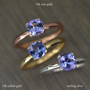 Tanzanite Ring, violet purple blue gem cushion silver solid gold stacking - Aurora Solitaire