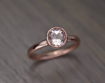 Morganite Gold Ring, 1ct round Engagement Ring, solid 14k pink rose gold - Blaze Solitaire