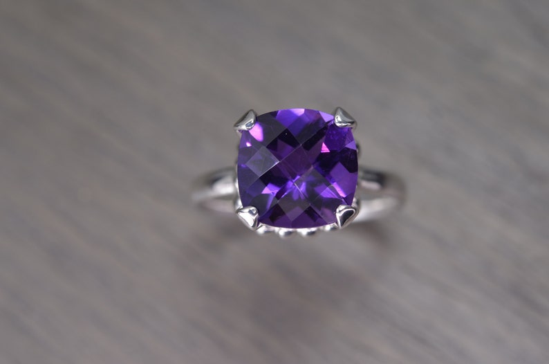 African Amethyst Ring, 4ct square cushion silver gold prong solitaire FEBRUARY BIRTHDAY Darcy Ring image 1