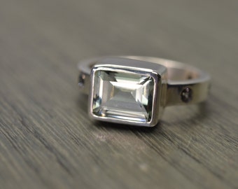 Prasiolite Silver Ring, emerald cut 3ct green amethyst sapphire accent cocktail ring - Duchess Ring