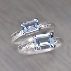 Aquamarine Ring, Sterling Silver, Emerald Cut Solitaire, Pale Blue Gemstone Milgrain Band, Fitz Ring