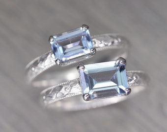 Aquamarine Ring, Sterling Silver, Emerald Cut Solitaire, Pale Blue Gemstone Milgrain Band, Fitz Ring