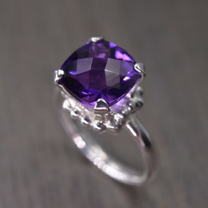 African Amethyst Ring, 4ct square cushion silver gold prong solitaire FEBRUARY BIRTHDAY Darcy Ring image 2