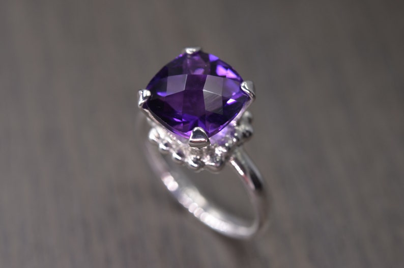 African Amethyst Ring, 4ct square cushion silver gold prong solitaire FEBRUARY BIRTHDAY Darcy Ring image 2