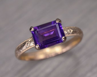 African Amethyst Ring,14k gold, Emerald Cut Solitaire, Dark Purple Gemstone Milgrain Band, Fitz Ring