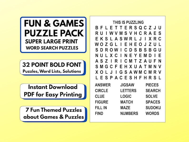 SUPER LARGE PRINT Fun & Games Word Search Puzzles - True 32-point Bold ...