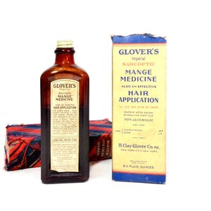 Vintage 1940s Glovers Hair Mange Medicine Pharmacy Apothecary Glass Bottle Paper Label with Box, Antique Medical Oddities Bathroom Decor