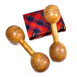Vintage Wooden Dumbbells Set of 2, 1910s Narragansett Machine Co. Standard Wood 1 Ib. Exercise Weights Pair, Antique Primitive Sports Decor