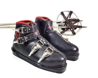 Vintage Ski Boots, 1960s Childrens Garmont Leather Downhill Snow Ski Boots Set Pair Black Red, Rustic Lodge Chalet Cabin Winter Sports Decor