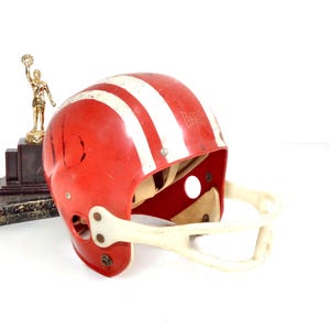cheap kids football helmets hutch Vintage Football Helmet, 1950s Hutch Youth Helmet Sports Equipment  Memorabilia Red White Stripes, Antique Mid Century Sporting Goods Decor