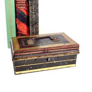 Vintage Metal Lock Box, 1800s Toleware Painted Small Metal Coin Money Cash Bank Box Tin Black, Antique Industrial Farmhouse Storage Decor