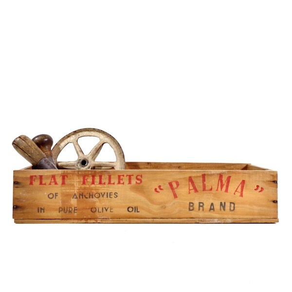 Vintage Wood Crate, 1930s Palma Anchovies Fish Fillets Wooden Advertising Box, Antique Rustic Art Deco Nautical Cottage Cabin Storage Decor