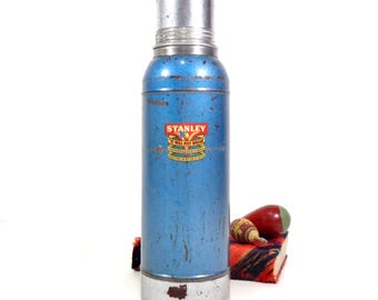 Vintage Stanley Thermos, 1950s Landers Frary Clark Stanley 944 Super Vac Bottle Stainless Steel with Cork Blue, Mid Century Cabin Camp Decor