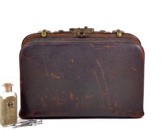 Vintage Leather Doctors Bag, 1920s Doctor Travel Bag Brown Leather Brass, Antique Medical Oddities