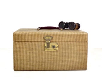 Vintage Train Case, 1940s Striped Tweed Suitcase Yellow Brown Black, Small Cosmetic Travel Case, Antique Luggage Decor