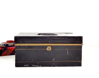 Vintage Metal Lock Box, 1800s Toleware Painted Metal Money Cash Bank Box Tin Black Gold, Antique Industrial Farmhouse Storage Decor