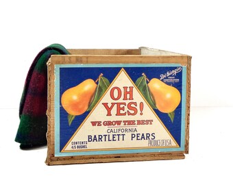 Vintage Wood Fruit Crate, 1950s Oh Yes Pears Wooden Advertising Crate Box, Antique Rustic Farmhouse Cabin Cottage Storage Decor